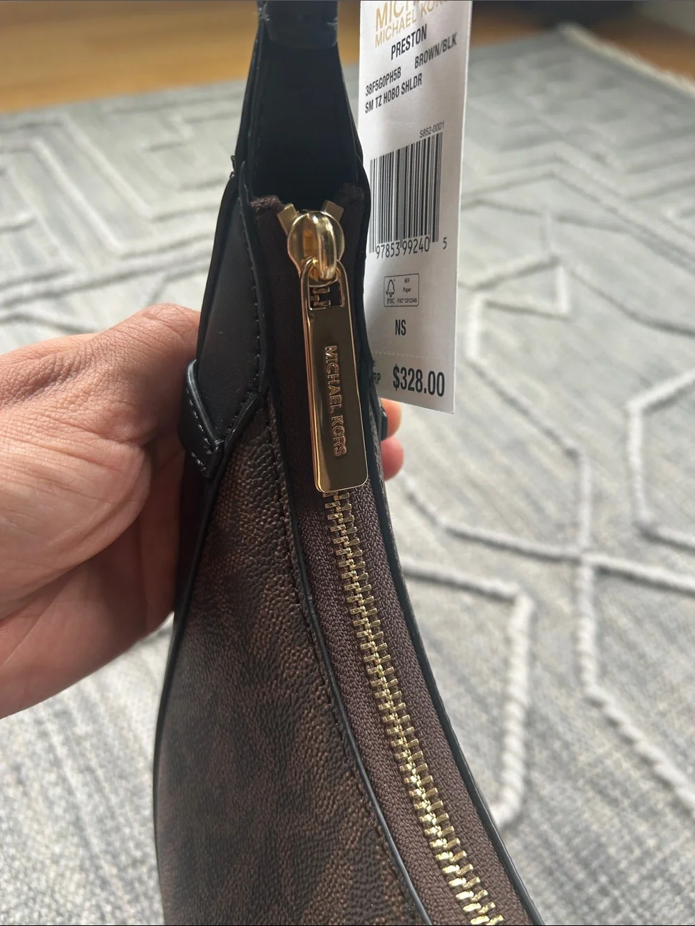 Michael Kors Preston Small Hobo Crescent Shoulder Bag in Brown MK Coated Canvas